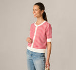 Short Sleeve Metallic Button Cardigan Sweater In Ivory Red 2