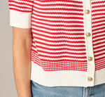 Short Sleeve Metallic Button Cardigan Sweater In Ivory Red 6