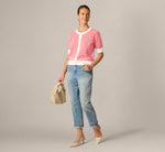 Short Sleeve Metallic Button Cardigan Sweater In Ivory Red 3