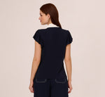 Flutter Sleeve Tie Neck Knit Top In Navy Ivory 5