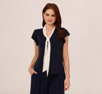 Flutter Sleeve Tie Neck Knit Top In Navy Ivory 2