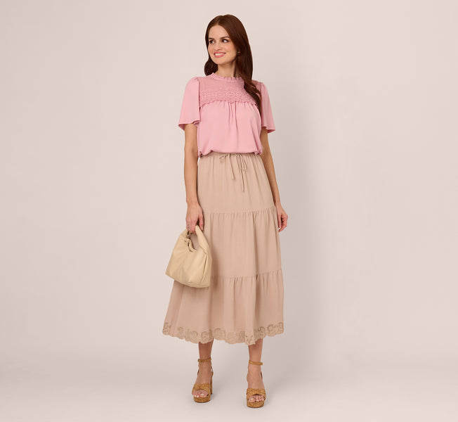 Tiered Eyelet Hem Drawstring Midi Skirt In Bamboo - Adrianna