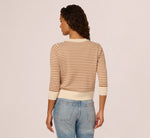 Three Quarter Sleeve Stripe Knit Sweater Top In Cream Camel 7