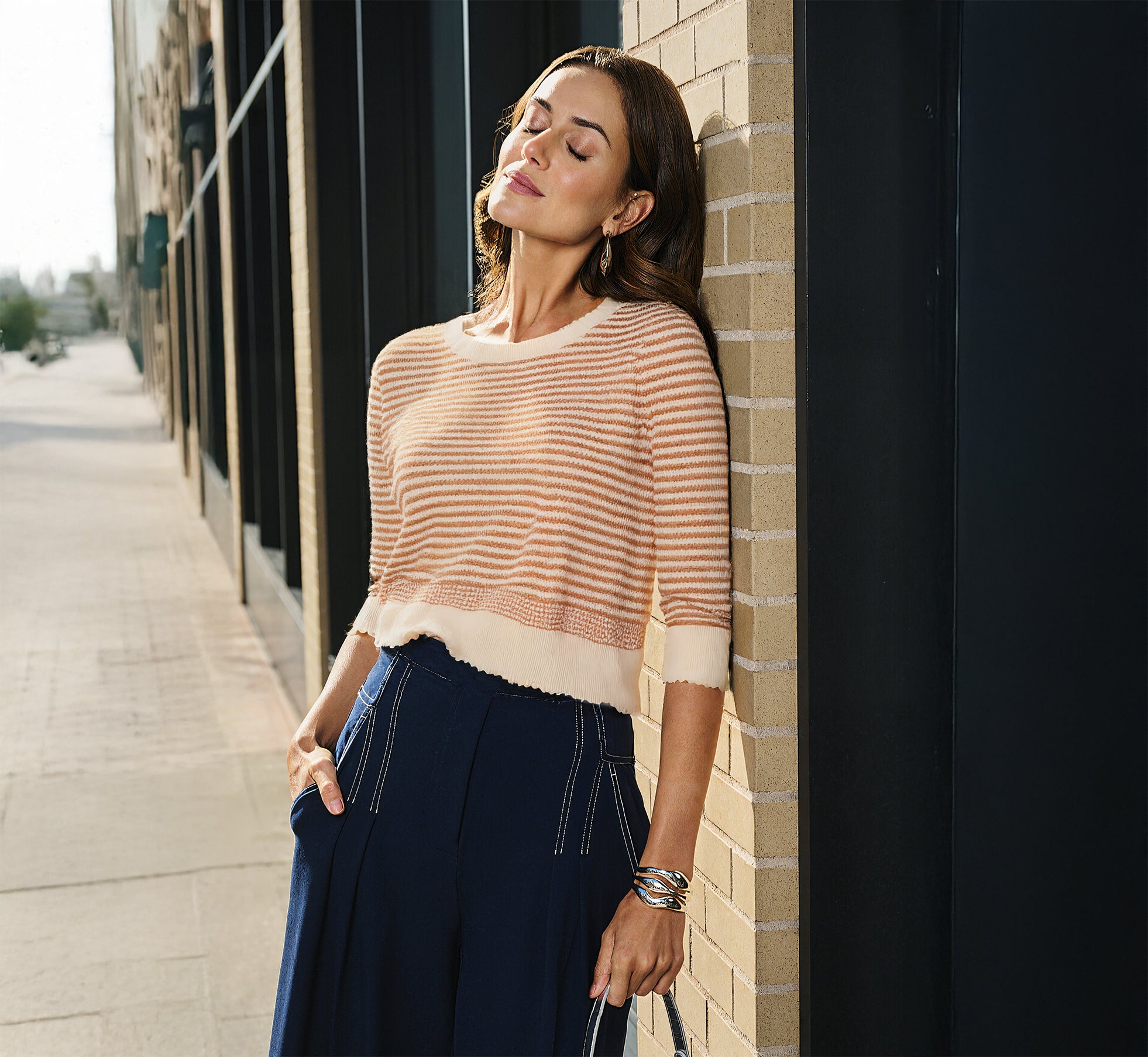 Three Quarter Sleeve Stripe Knit Sweater Top In Cream Camel 1