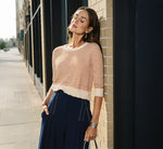 Three Quarter Sleeve Stripe Knit Sweater Top In Cream Camel 1