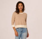 Three Quarter Sleeve Stripe Knit Sweater Top In Cream Camel 4
