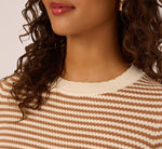 Three Quarter Sleeve Stripe Knit Sweater Top In Cream Camel 5