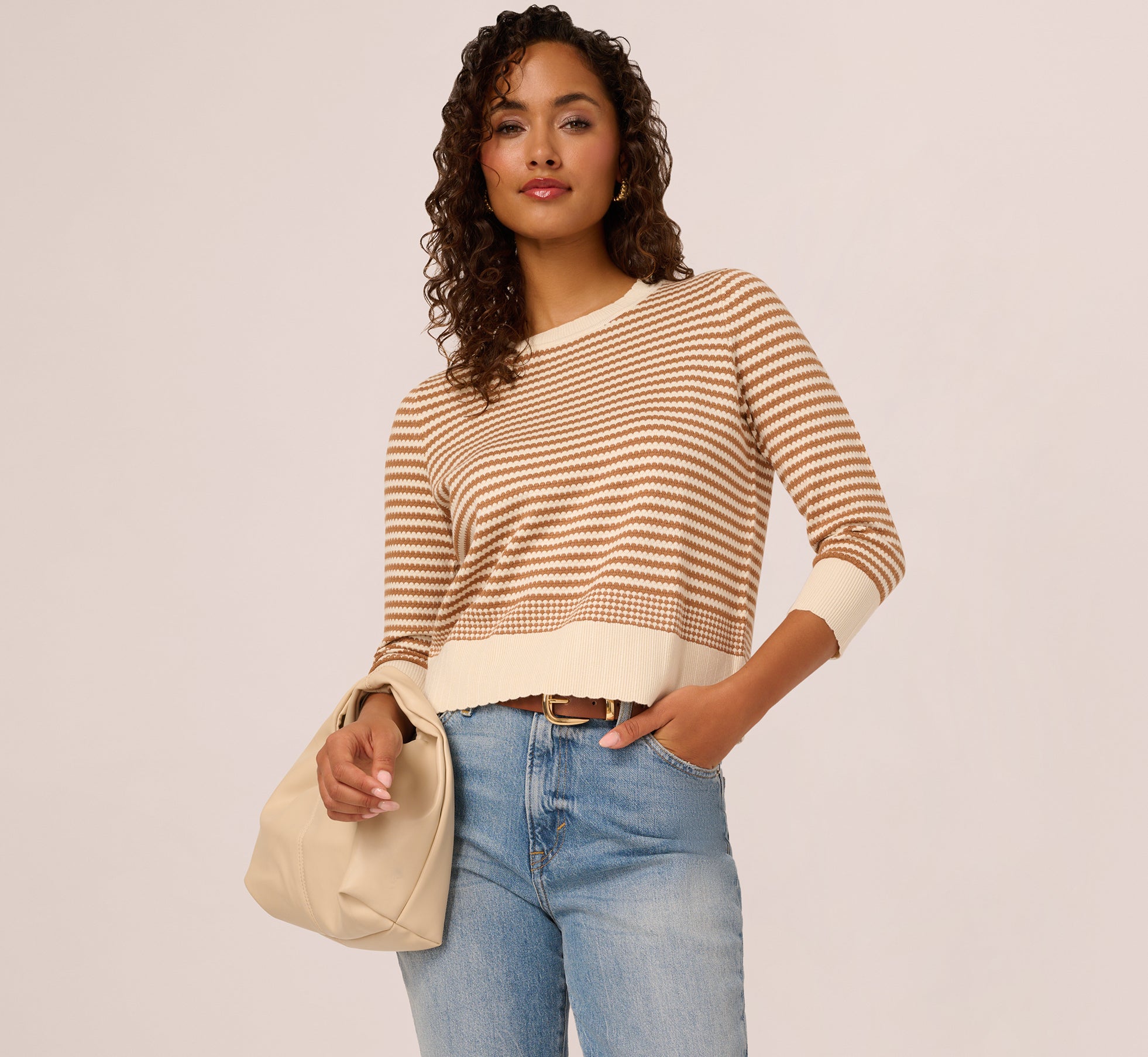 Three Quarter Sleeve Stripe Knit Sweater Top In Cream Camel Three Quarter Sleeve Stripe Knit Sweater Top In Cream Camel