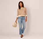 Three Quarter Sleeve Stripe Knit Sweater Top In Cream Camel 3