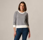 Three Quarter Sleeve Stripe Knit Sweater Top In Ivory Navy 3