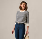 Three Quarter Sleeve Stripe Knit Sweater Top In Ivory Navy 1
