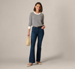 Three Quarter Sleeve Stripe Knit Sweater Top In Ivory Navy 2