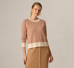 Three Quarter Sleeve Stripe Knit Sweater Top In Cream Mocha Bisque 3