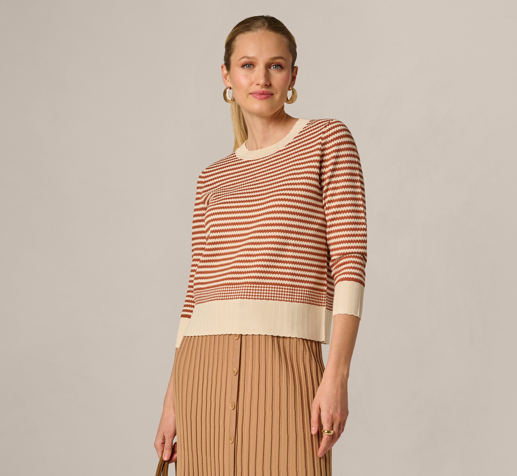 Three Quarter Sleeve Stripe Knit Sweater Top In Cream Mocha Bisque 1