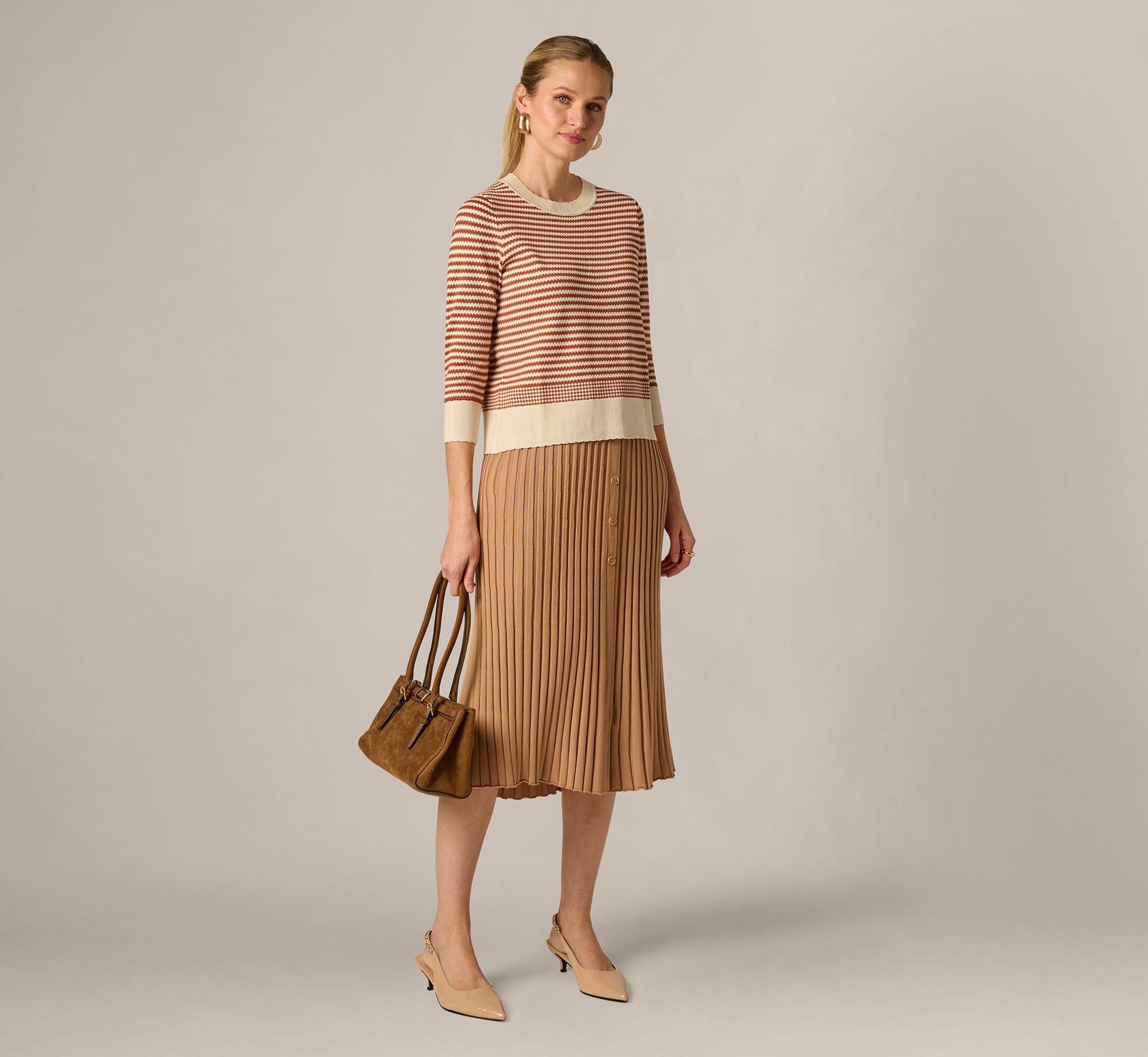 Three Quarter Sleeve Stripe Knit Sweater Top In Cream Mocha Bisque