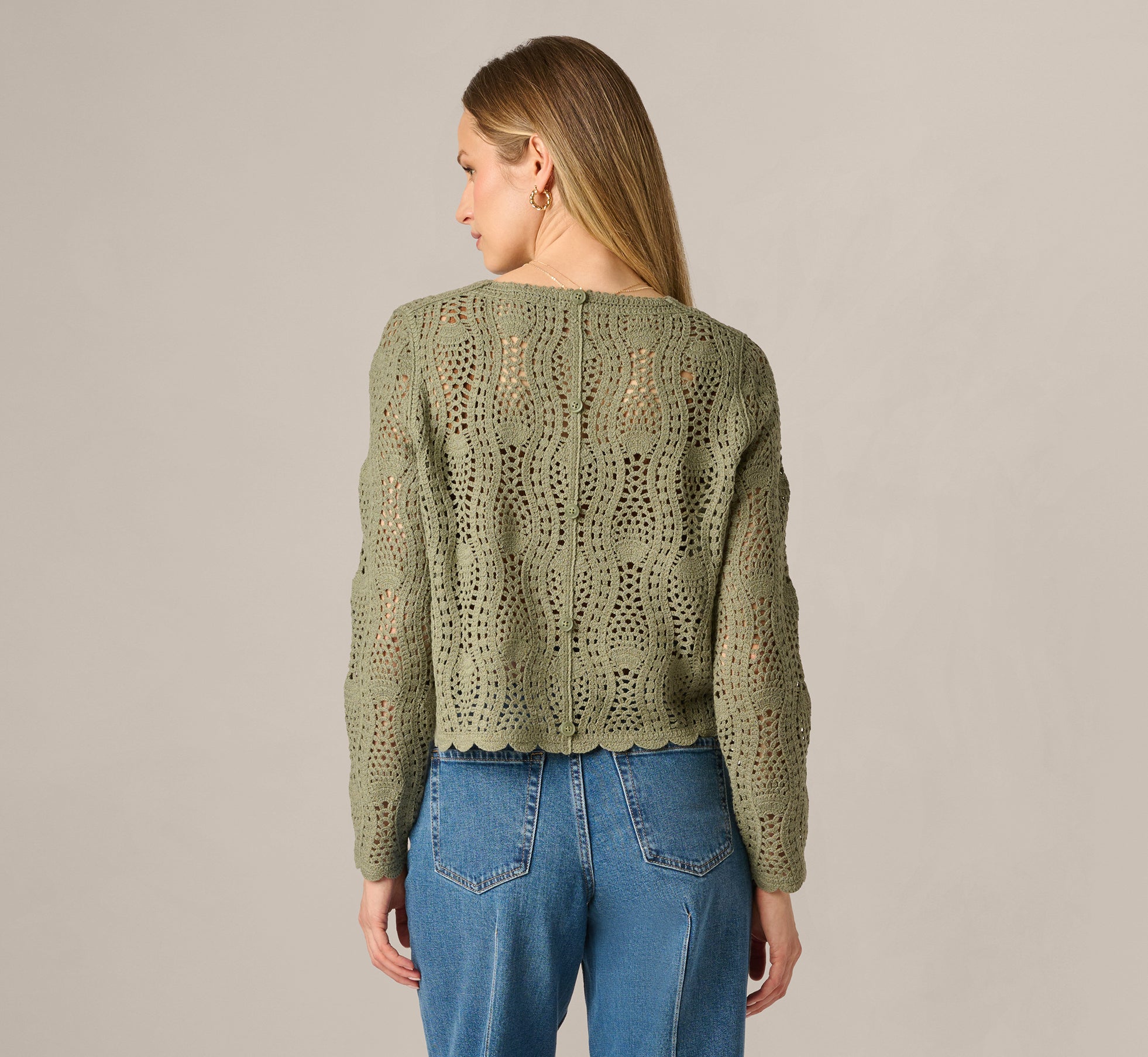 Sage Moss Long Sleeve Open Crochet Sweater - Adrianna Papell