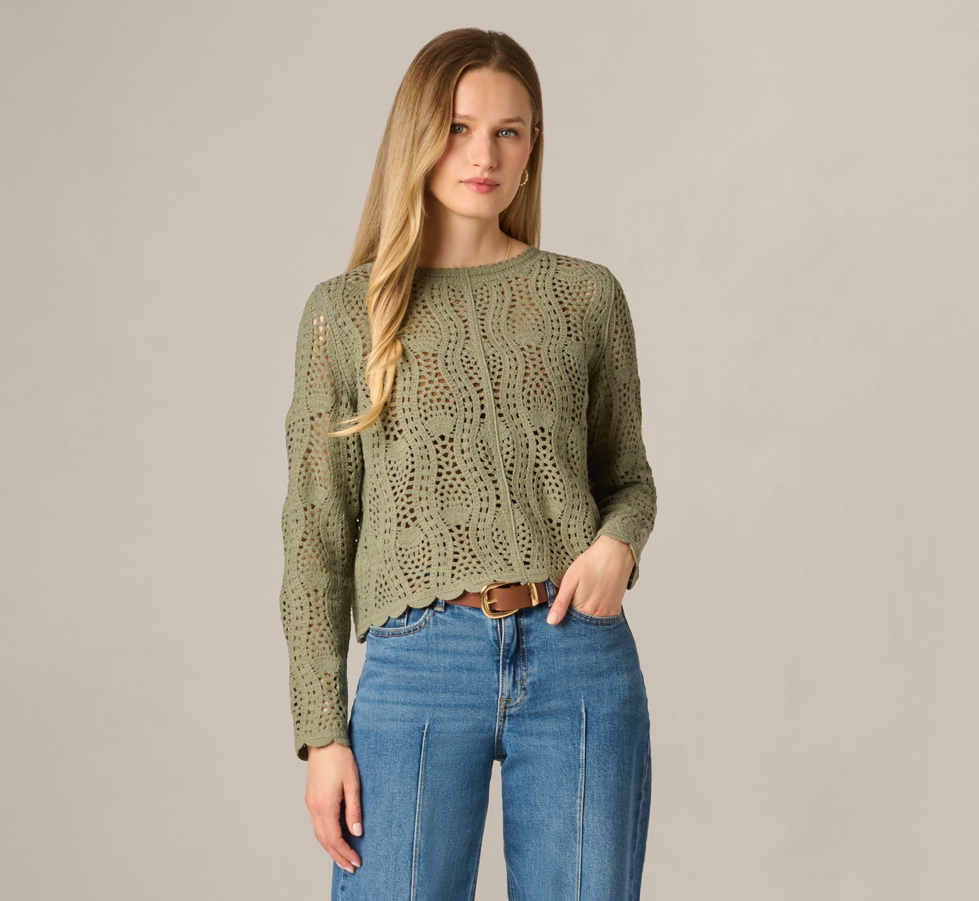 Green Long Sleeve Open Crochet Sweater - Adrianna Papell