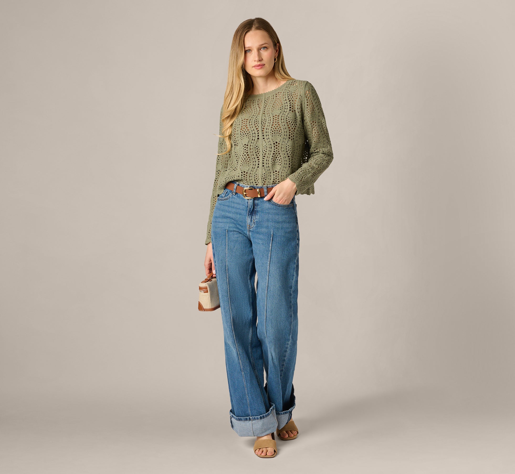 Green Long Sleeve Open Crochet Sweater - Adrianna Papell