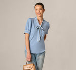 Puff Sleeve Tie Neck Top In Rainwashed Ivory 1