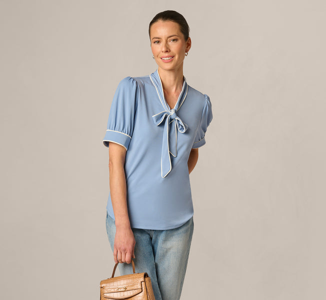 Blue Puff Sleeve Tie Neck Top - Adrianna Papell