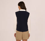 Long Sleeve Collared Sweater Vest Twofer Top In Navy Ivory 6