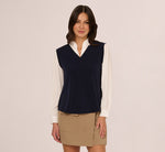 Long Sleeve Collared Sweater Vest Twofer Top In Navy Ivory 3