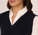 Long Sleeve Collared Sweater Vest Twofer Top In Navy Ivory 4