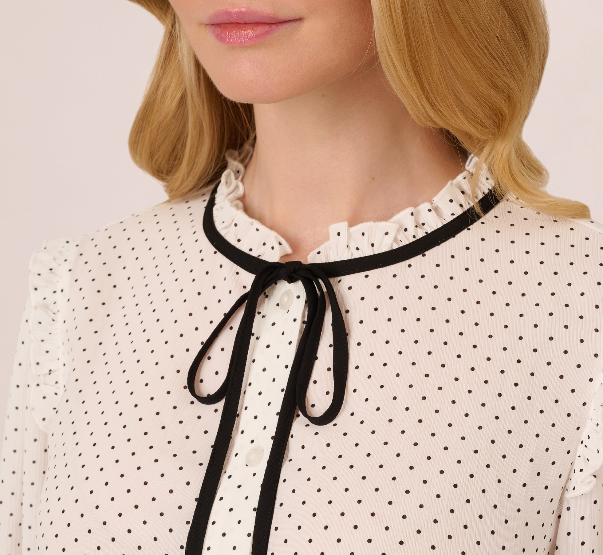 black and white polka dot blouse with bow