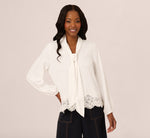 Lace Hem Tie Neck Blouse In Ivory 3