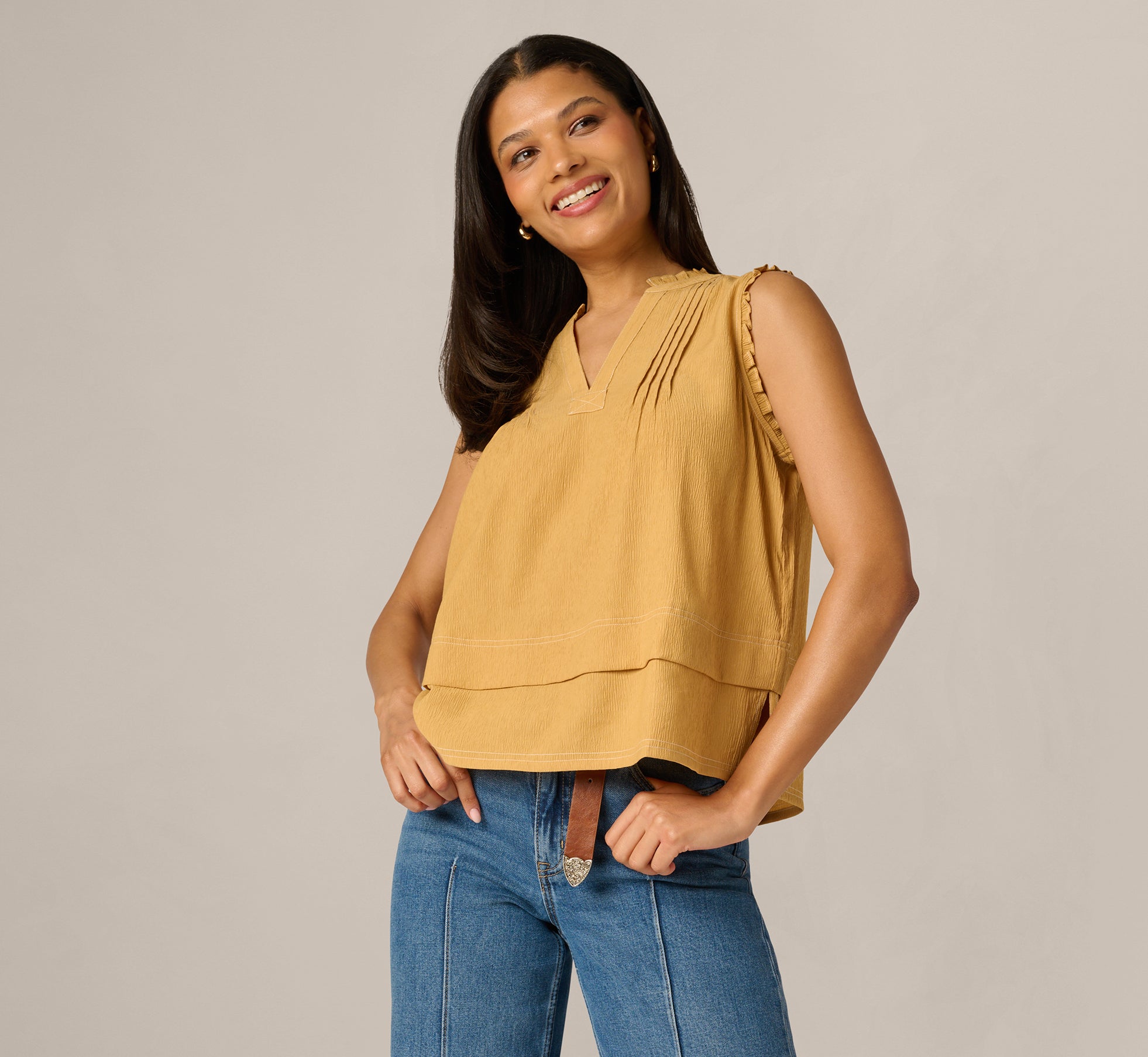 Pintuck Ruffle Crinkle Tank Top In Golden Maize Ivory 1