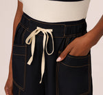 Contrast Stitched Wide Leg Drawstring Pant In Navy Khaki 3