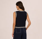 Striped Trim Cardigan Sweater Vest In Navy Ivory 1