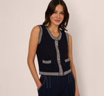 Striped Trim Cardigan Sweater Vest In Navy Ivory 6