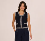 Striped Trim Cardigan Sweater Vest In Navy Ivory 2