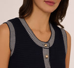Striped Trim Cardigan Sweater Vest In Navy Ivory 4