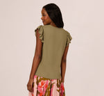 Flutter Sleeve Rib Knit Top In Army Green 6