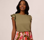 Flutter Sleeve Rib Knit Top In Army Green 1