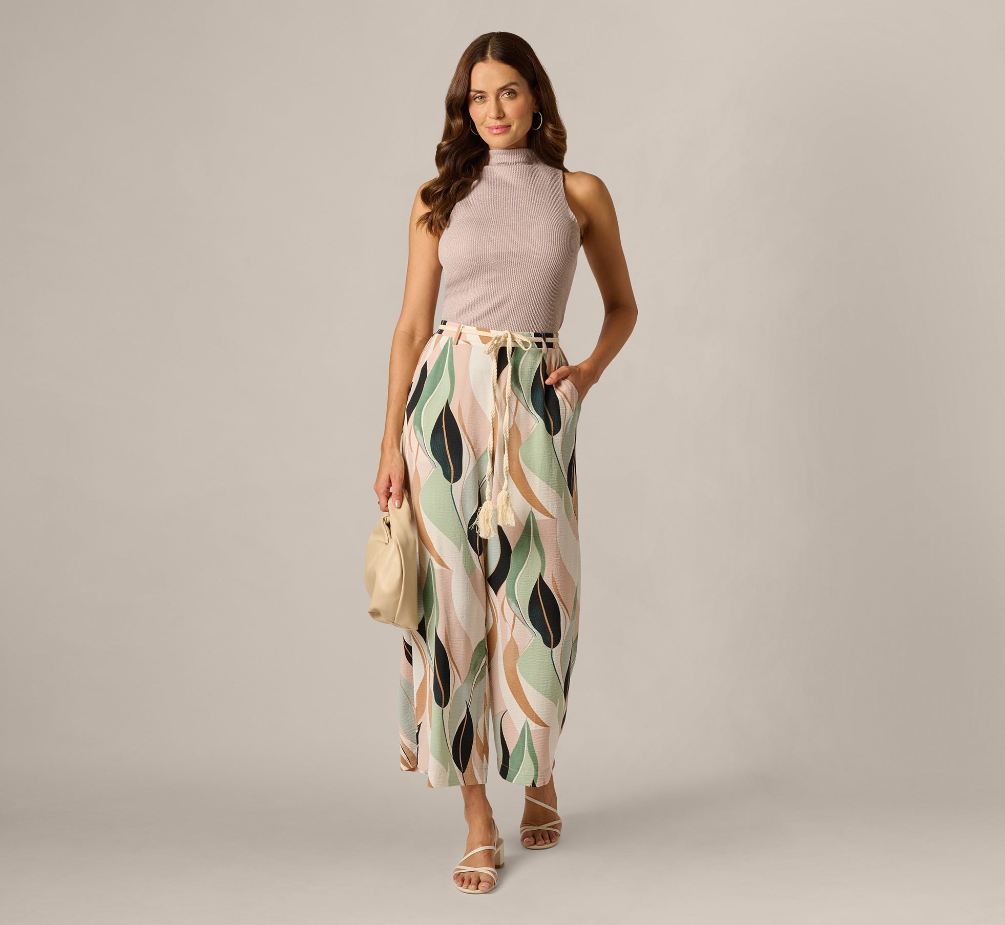Rope Belt Floral Printed Wide Leg Pant In Seafoam Flowing Leaf 1