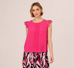 Sleeveless Lace Shoulder Pintucked Top In Hot Pink 4