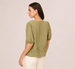 Short Sleeve Scalloped Eyelet Top In Oil Green 6