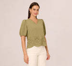 Short Sleeve Scalloped Eyelet Top In Oil Green 3