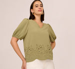 Short Sleeve Scalloped Eyelet Top In Oil Green 1
