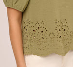 Short Sleeve Scalloped Eyelet Top In Oil Green 5