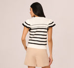 Flounce Sleeve Open Knit Sweater Top In Ivory Black 7