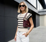 Flounce Sleeve Open Knit Sweater Top In Ivory Black 1