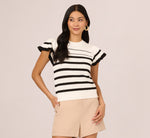 Flounce Sleeve Open Knit Sweater Top In Ivory Black 4