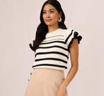 Flounce Sleeve Open Knit Sweater Top In Ivory Black 2