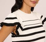 Flounce Sleeve Open Knit Sweater Top In Ivory Black 6