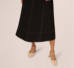 Contrast Stitching A Line Midi Skirt In Black Ivory 4