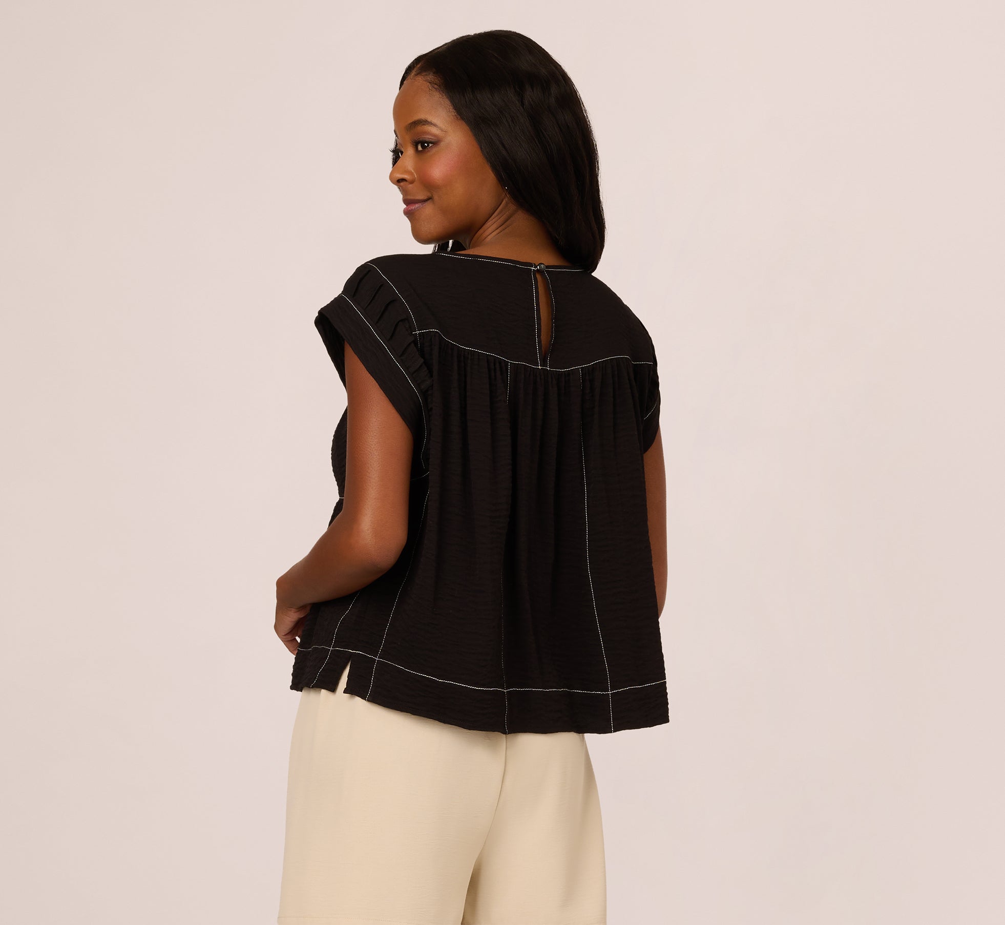 Extended Shoulder Contrast Stitch Yoke Top In Black Ivory